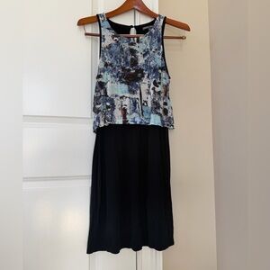 Threads 4 Thought Black Midi Dress with Blue & White Printed Tank Overlay